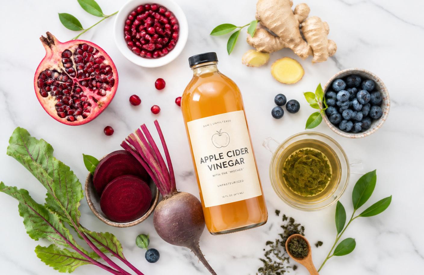 Natural ingredients including apple cider vinegar, pomegranate, beetroot and berries